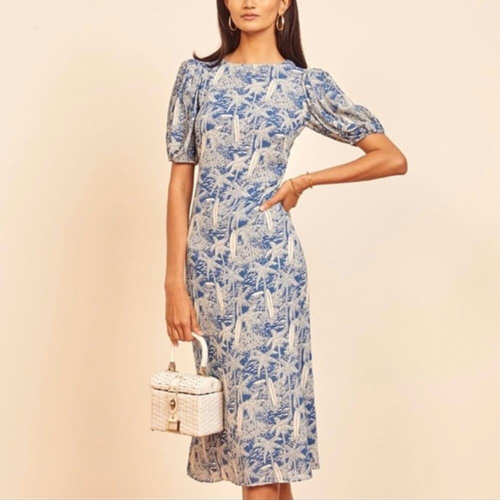 Reformation Palmer Blue White Surfboard Floral Midi Dress Size 6